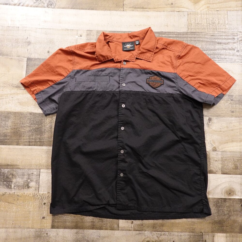 Harley-Davidson Button Front Shirt Men’s XL Black Orange Workwear‎ Motorcycle
